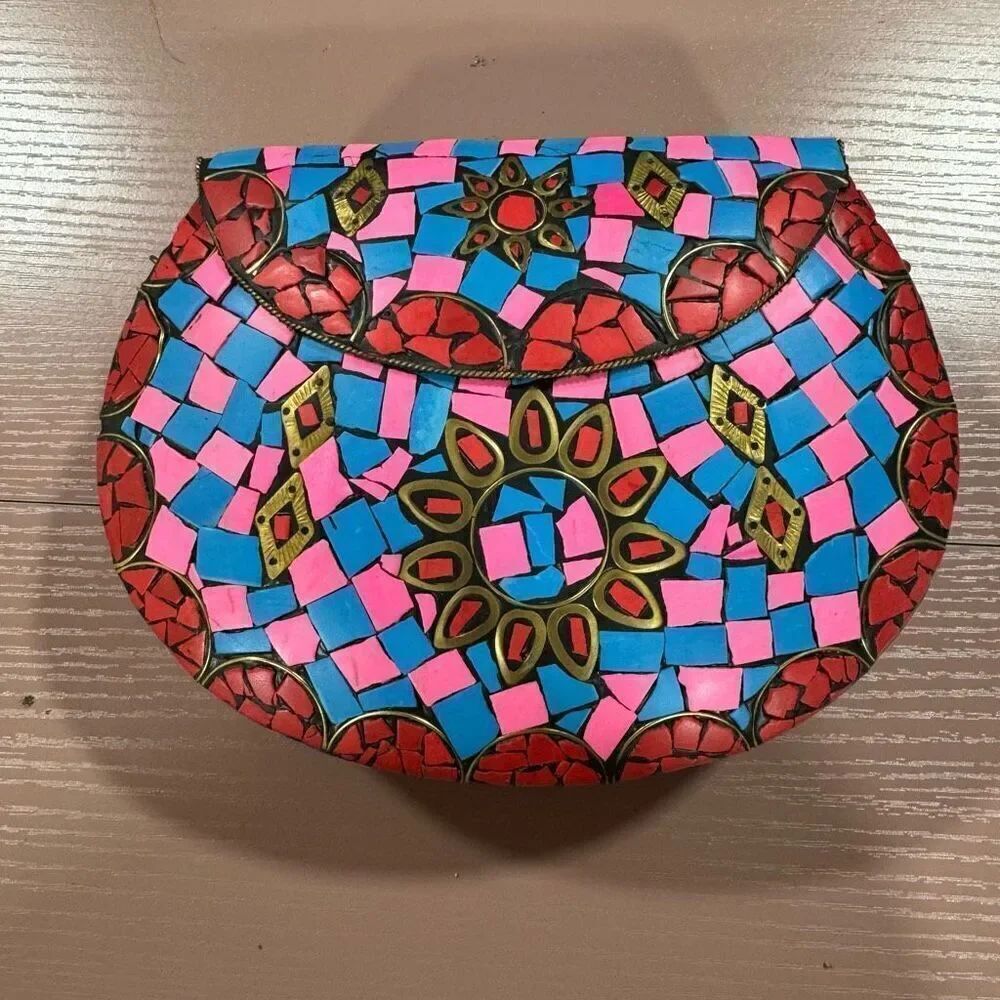 NEW Ramla Mosaic Handmade Bag Pink & Blue with Detachable Chain Strap